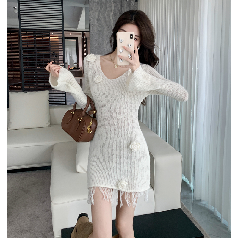 Knitted flowers sweater dress tender dress for women