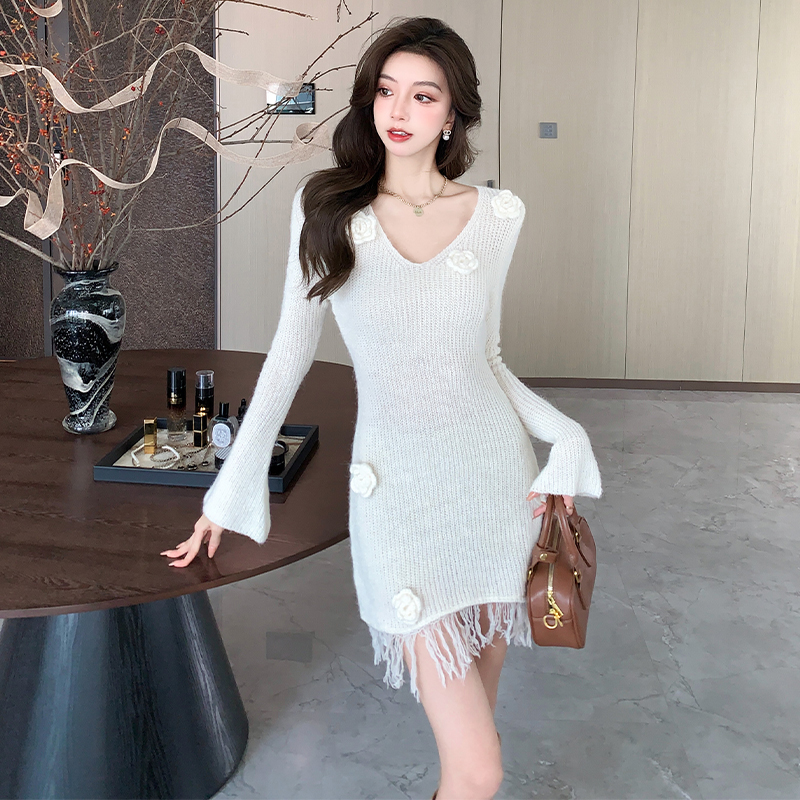 Knitted flowers sweater dress tender dress for women