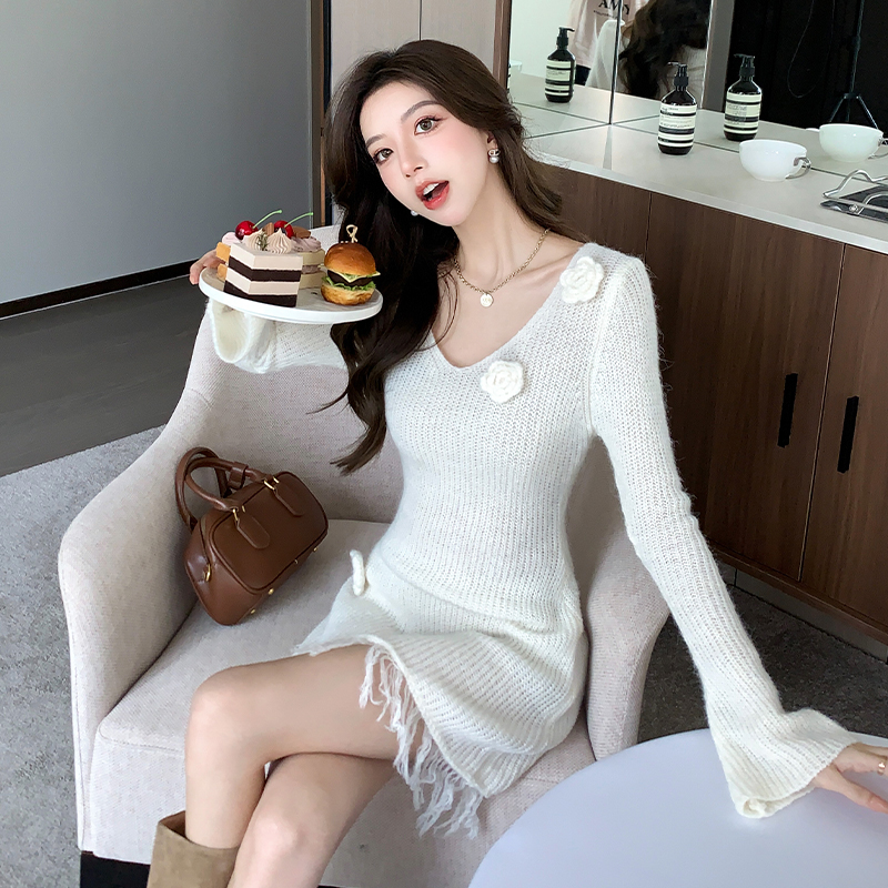 Knitted flowers sweater dress tender dress for women