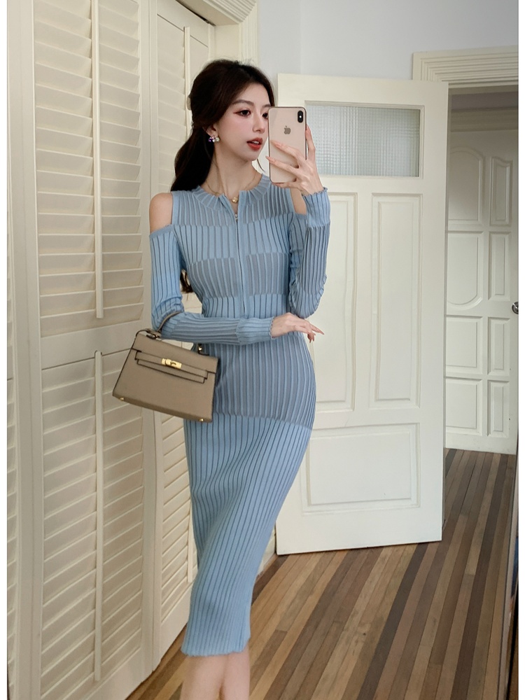 Stripe long sleeve strapless fashion France style slim dress