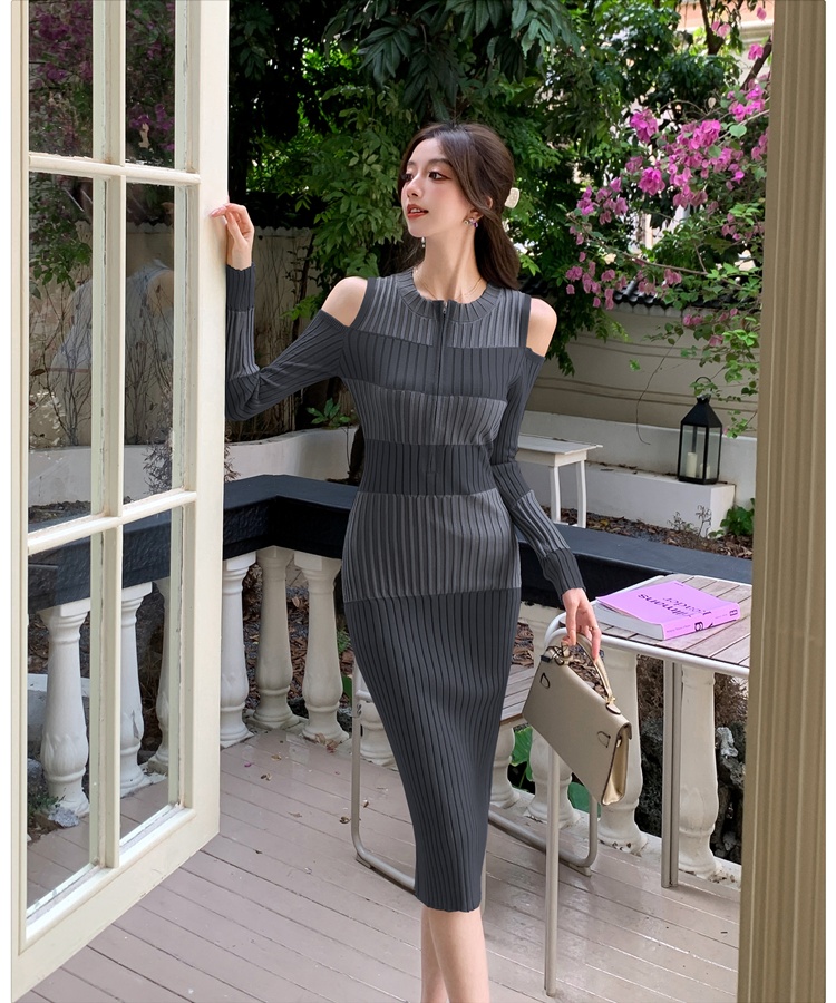 Stripe long sleeve strapless fashion France style slim dress