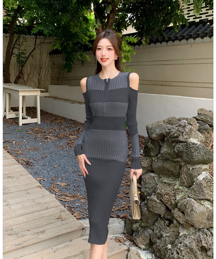 Stripe long sleeve strapless fashion France style slim dress