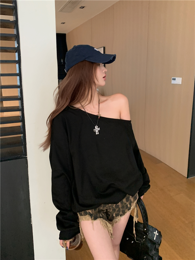 Sloping shoulder hoodie T-shirt 2pcs set for women