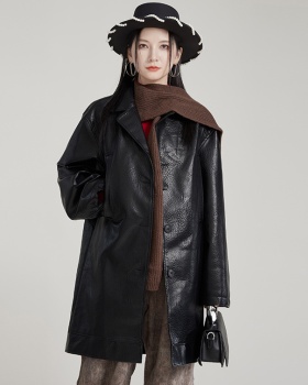 Loose leather coat long coat