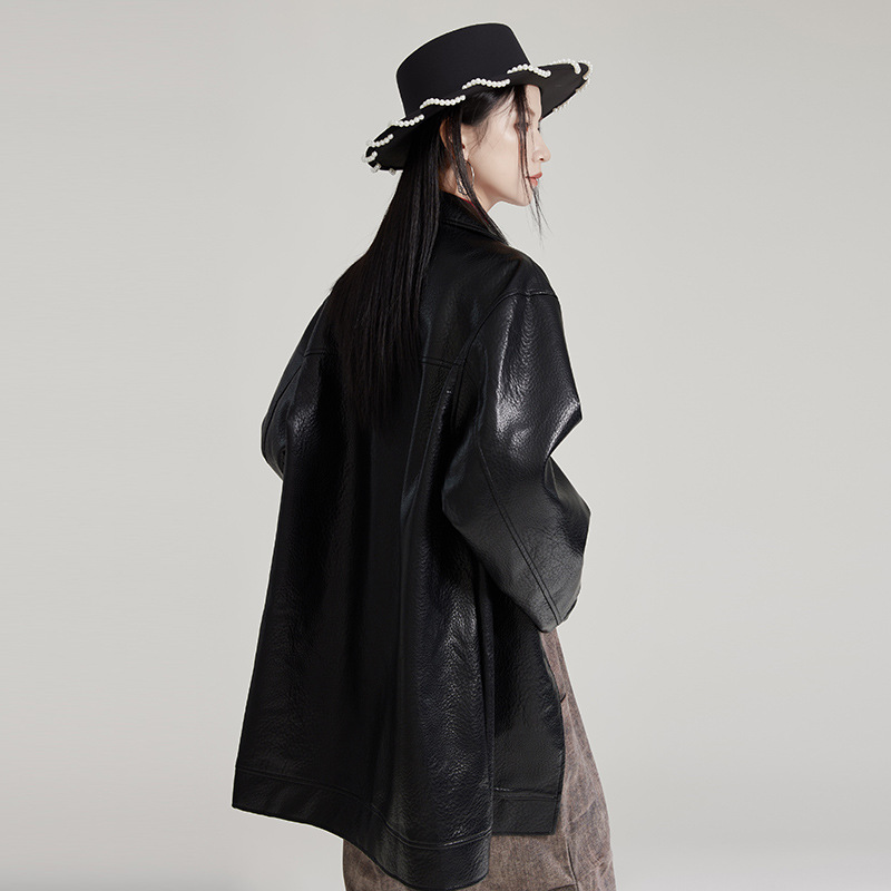 Loose leather coat long coat