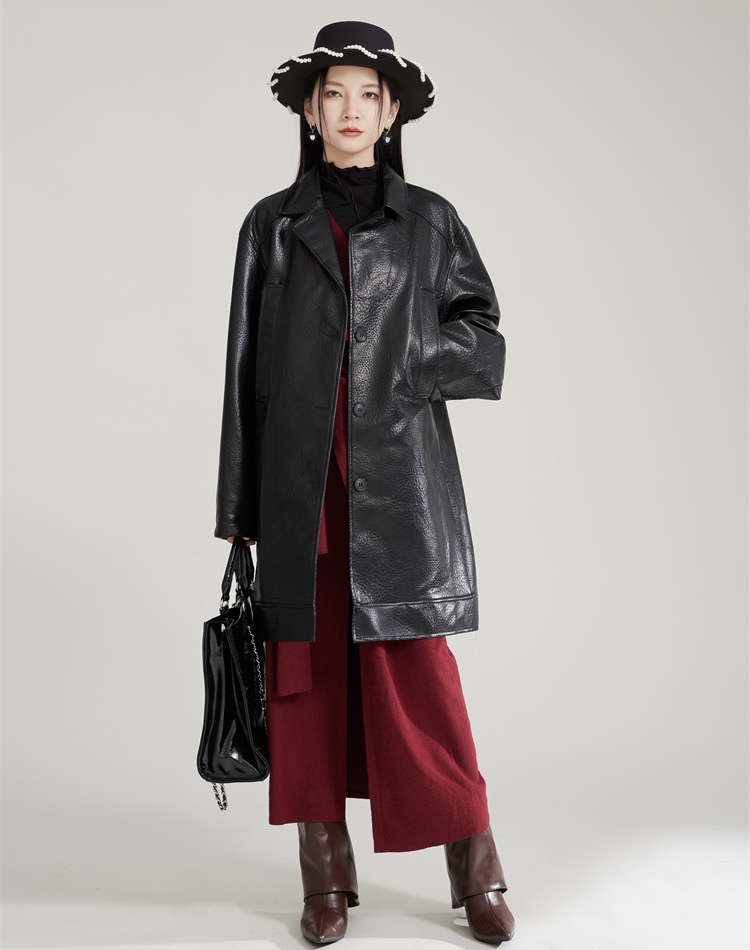 Loose leather coat long coat