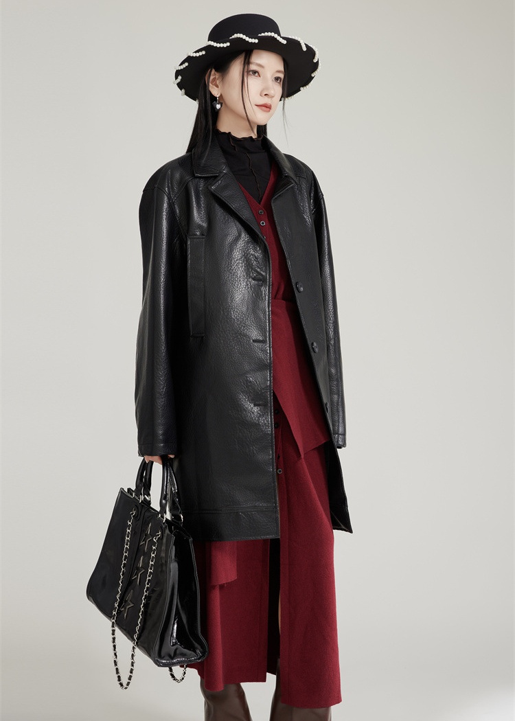 Loose leather coat long coat