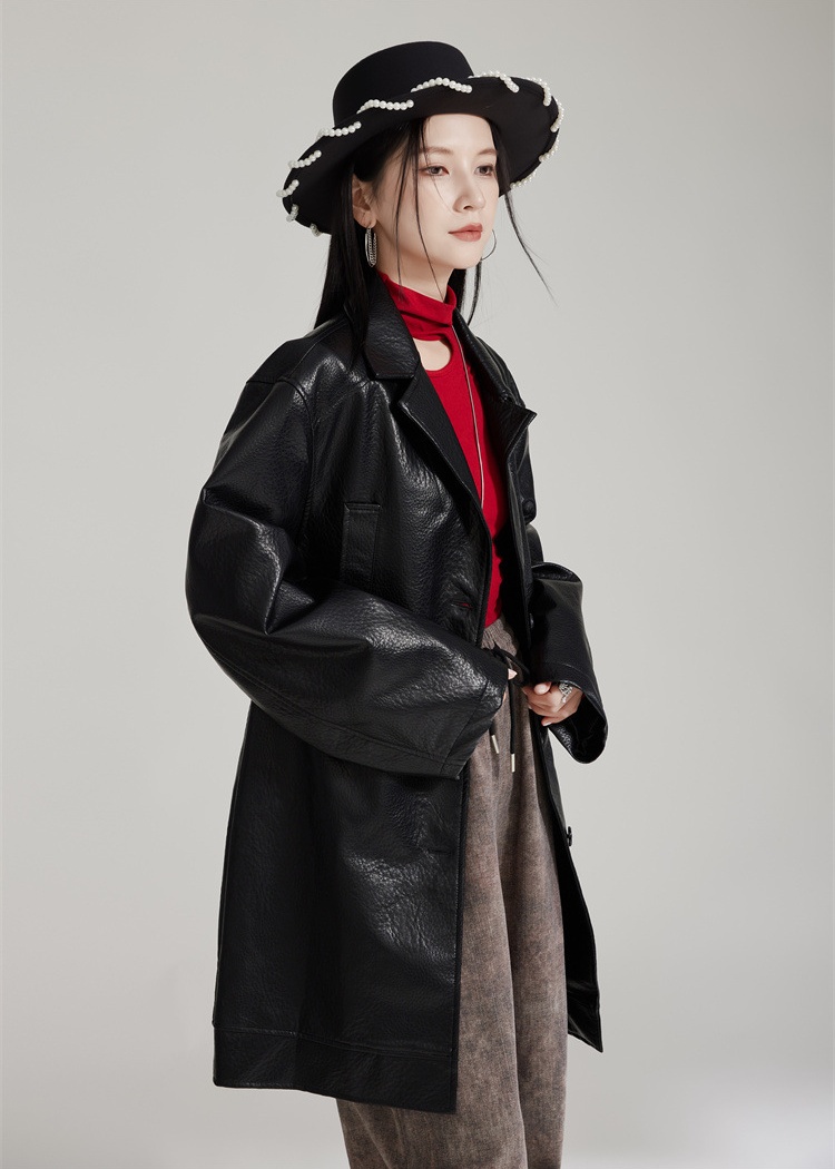 Loose leather coat long coat