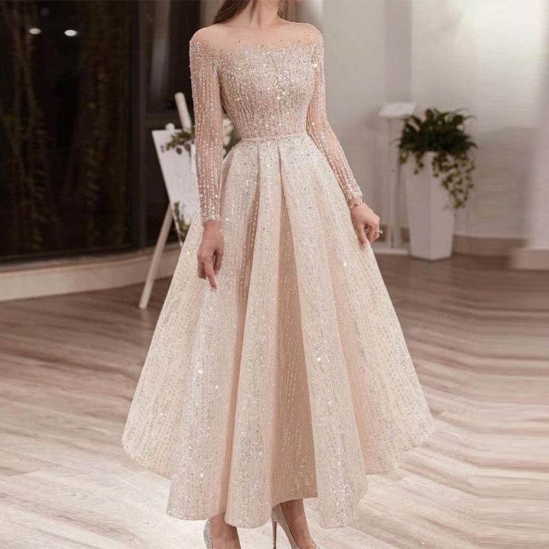 Sequins round neck formal dress slim dress for women