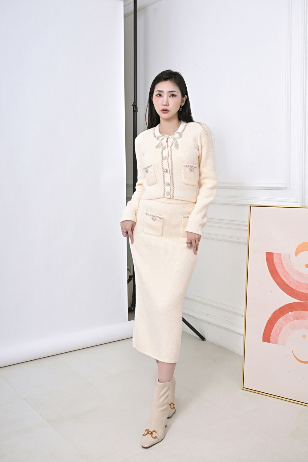 Pearl diamond autumn skirt France style ladies coat a set