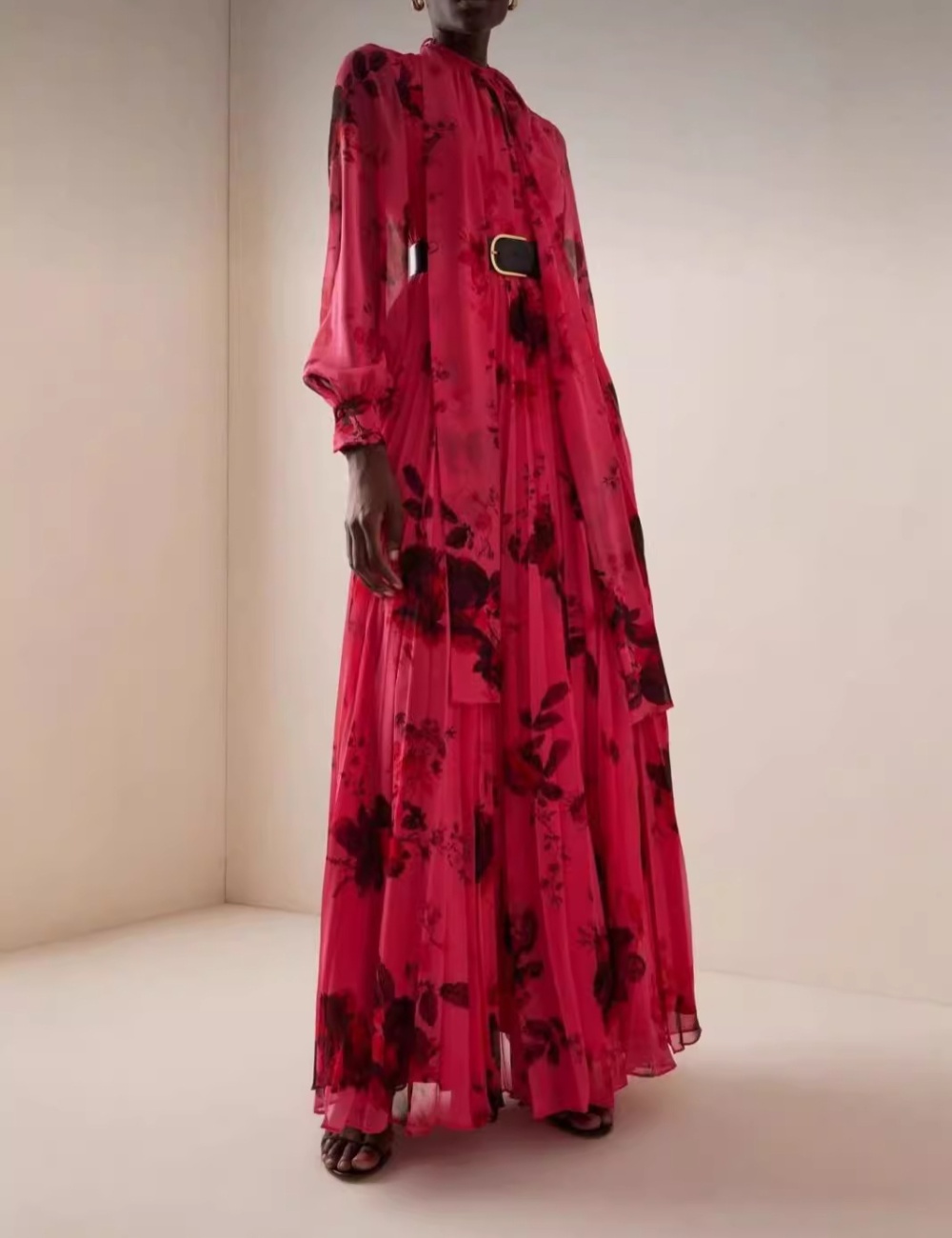 European style pleated long dress wood ear floral dress