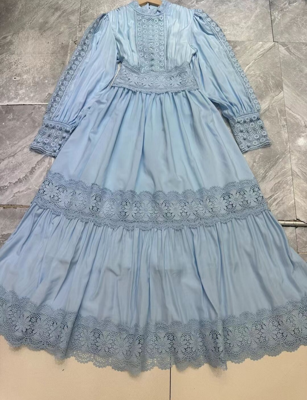 Spring blue dress seaside cstand collar long dress for women