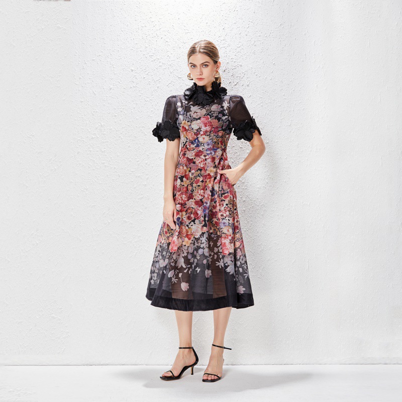 Flowers vacation stereoscopic cstand collar dress