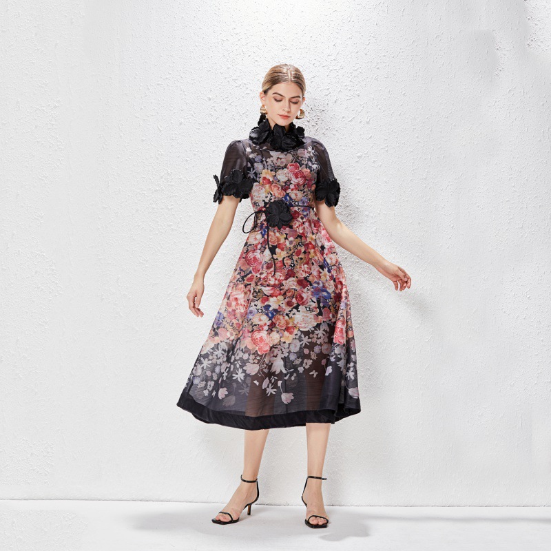 Flowers vacation stereoscopic cstand collar dress