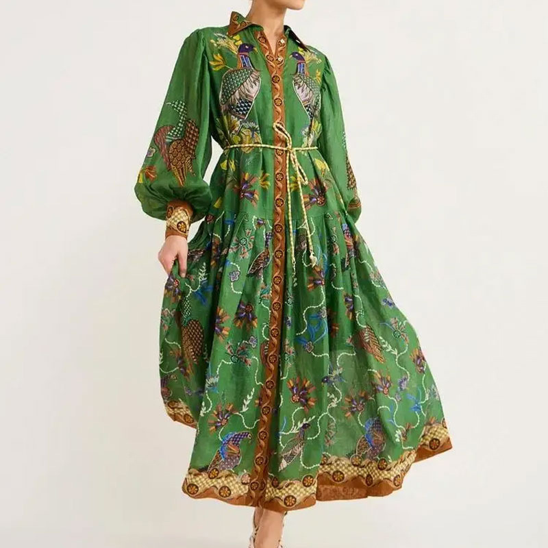 Lantern sleeve big skirt retro printing European style dress