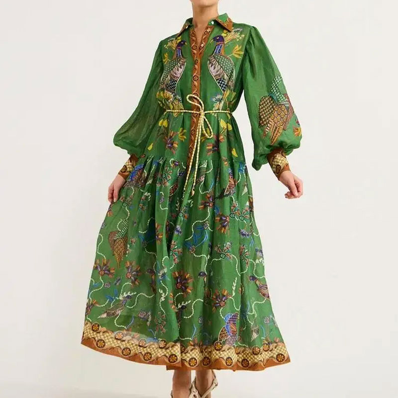 Lantern sleeve big skirt retro printing European style dress