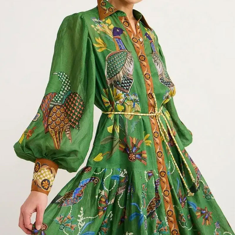 Lantern sleeve big skirt retro printing European style dress