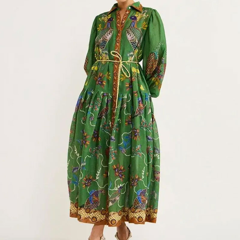 Lantern sleeve big skirt retro printing European style dress