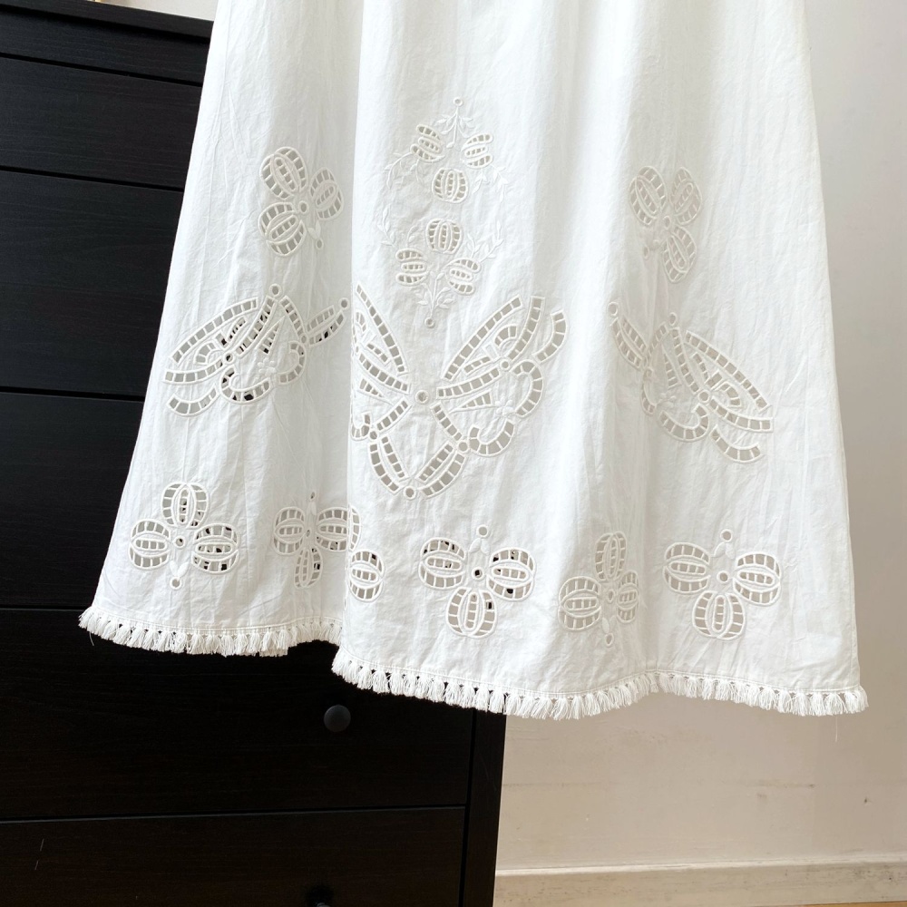 White pure cotton tassels hollow long embroidery skirt