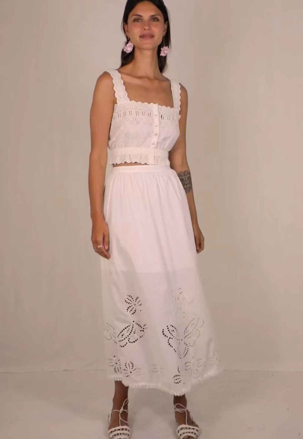 White pure cotton tassels hollow long embroidery skirt