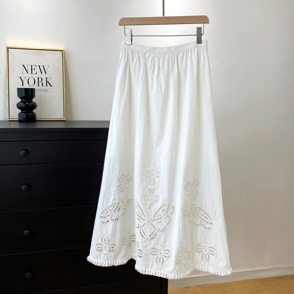 White pure cotton tassels hollow long embroidery skirt