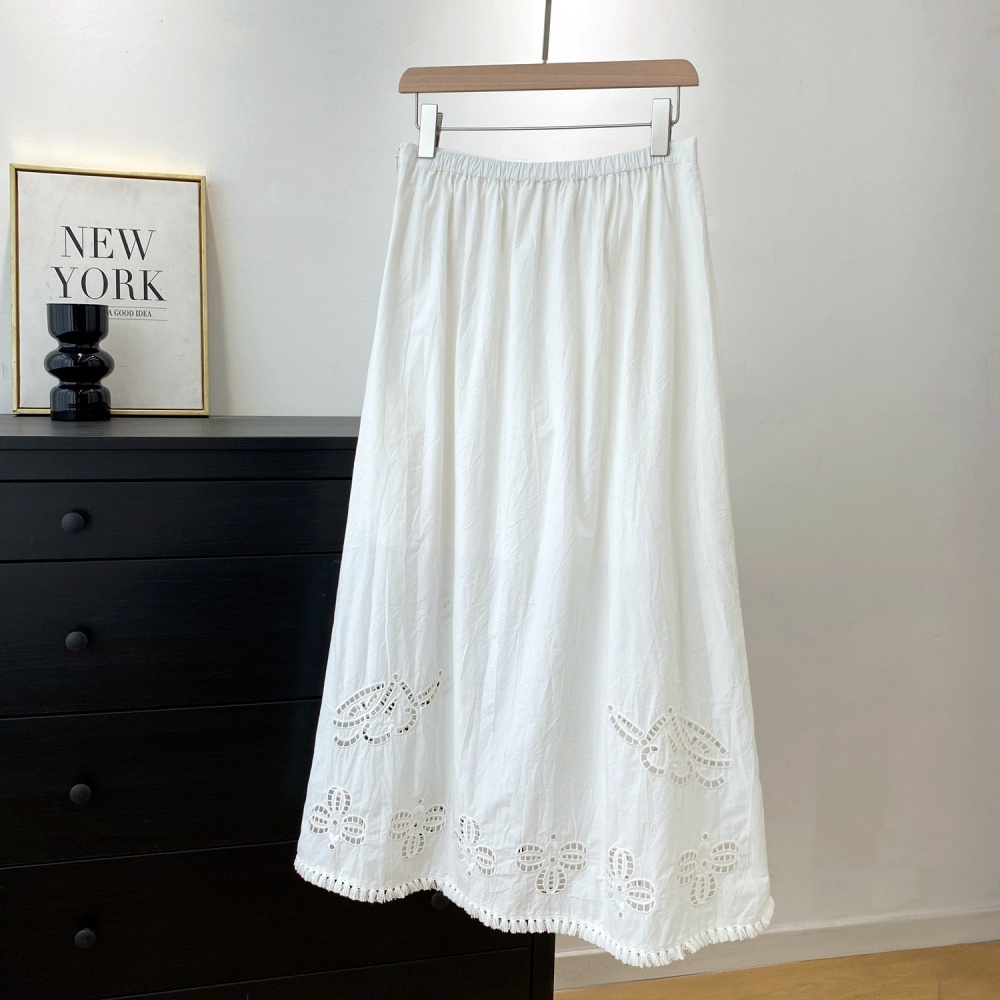 White pure cotton tassels hollow long embroidery skirt