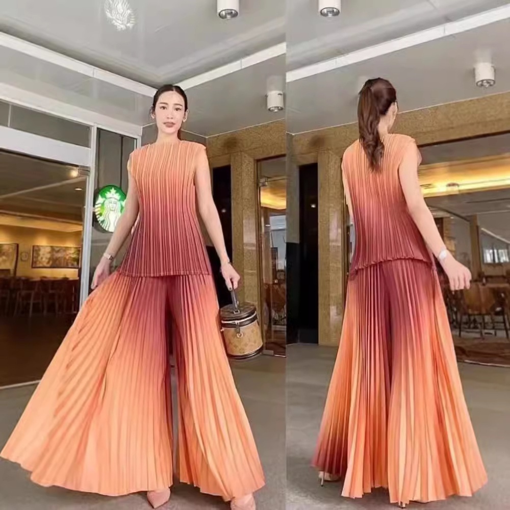 Fold vest summer wide leg pants 2pcs set for women