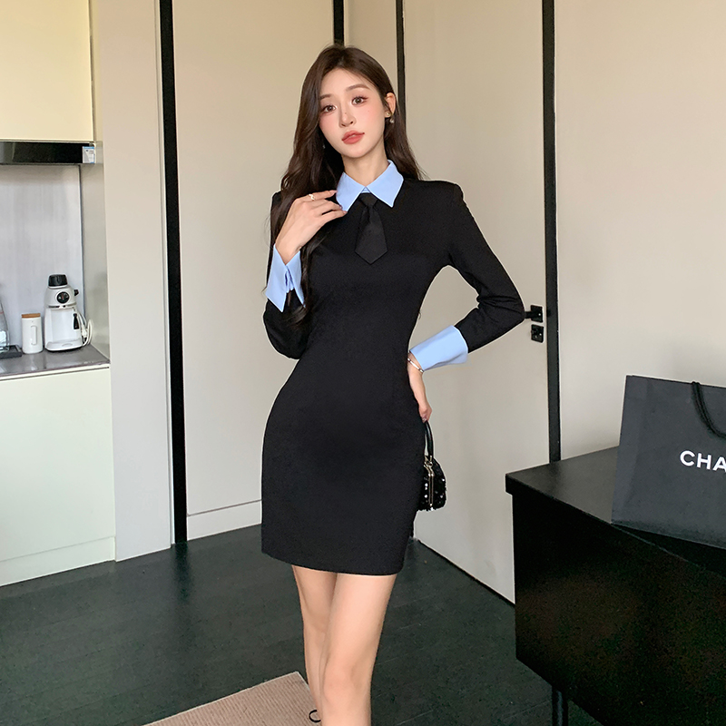 Slim ladies pinched waist fashion with tie dress