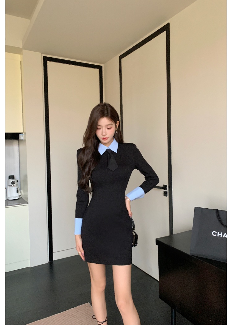 Slim ladies pinched waist fashion with tie dress