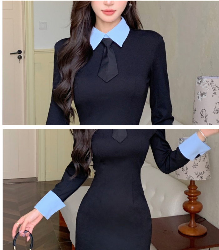 Slim ladies pinched waist fashion with tie dress