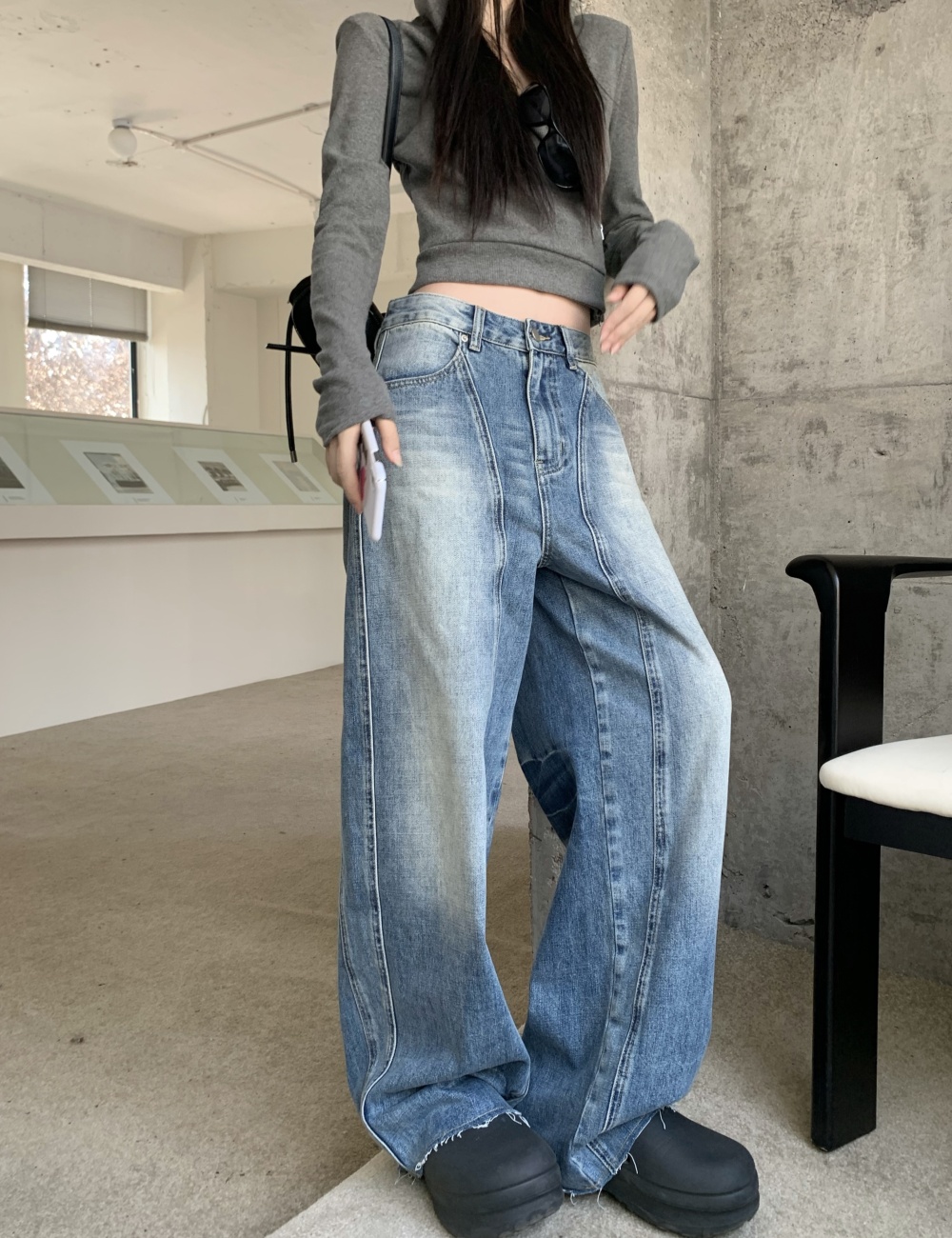 Washed straight jeans low-waist long pants for women