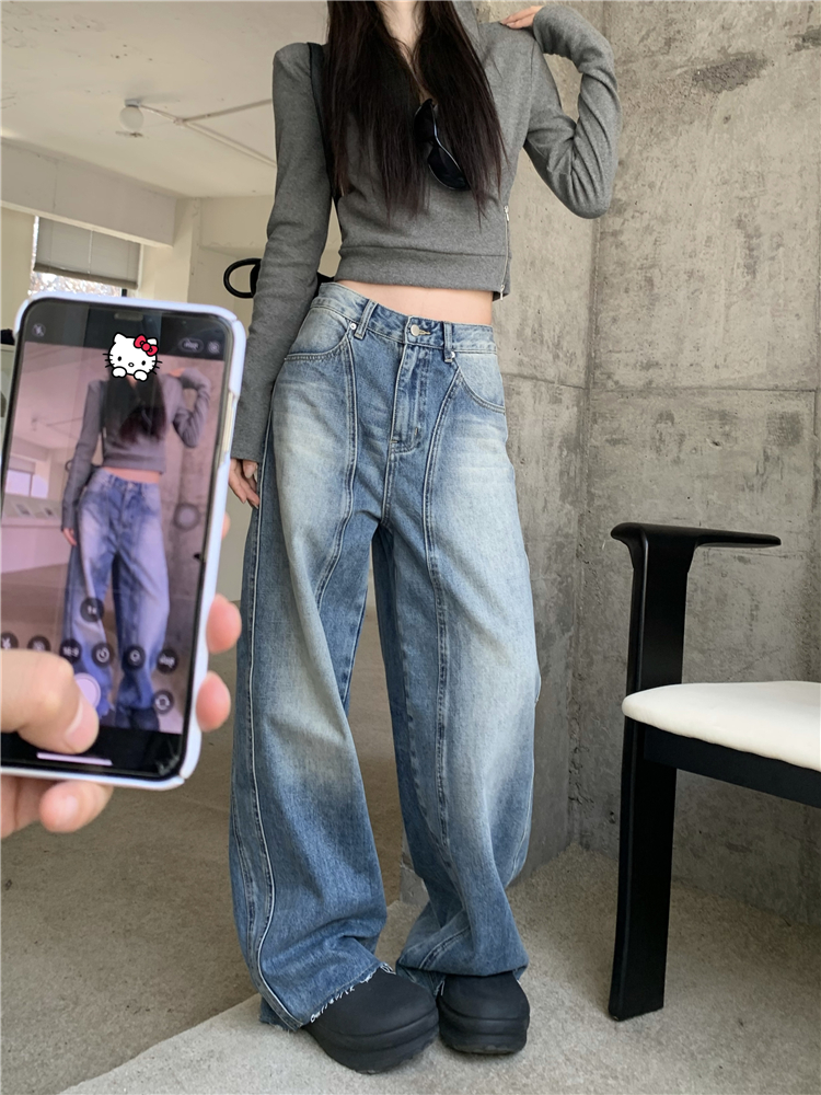 Washed straight jeans low-waist long pants for women