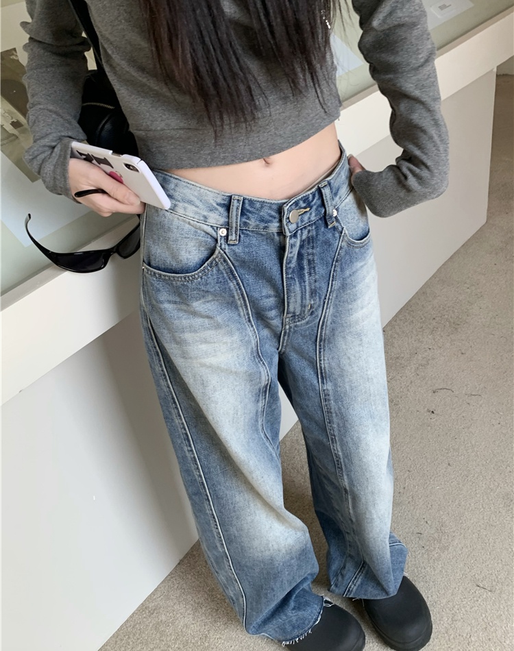 Washed straight jeans low-waist long pants for women