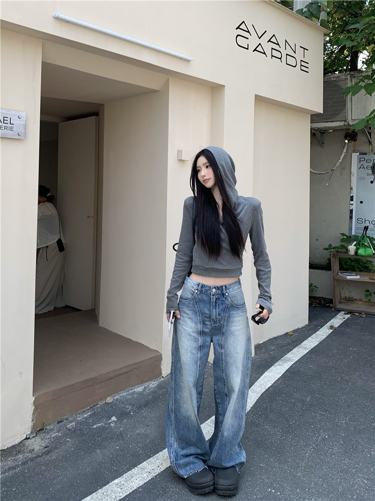 Washed straight jeans low-waist long pants for women