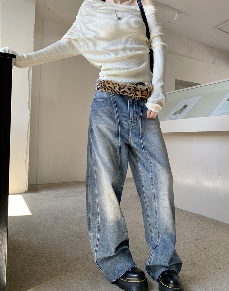 Washed straight jeans low-waist long pants for women