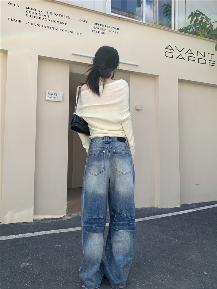 Washed straight jeans low-waist long pants for women