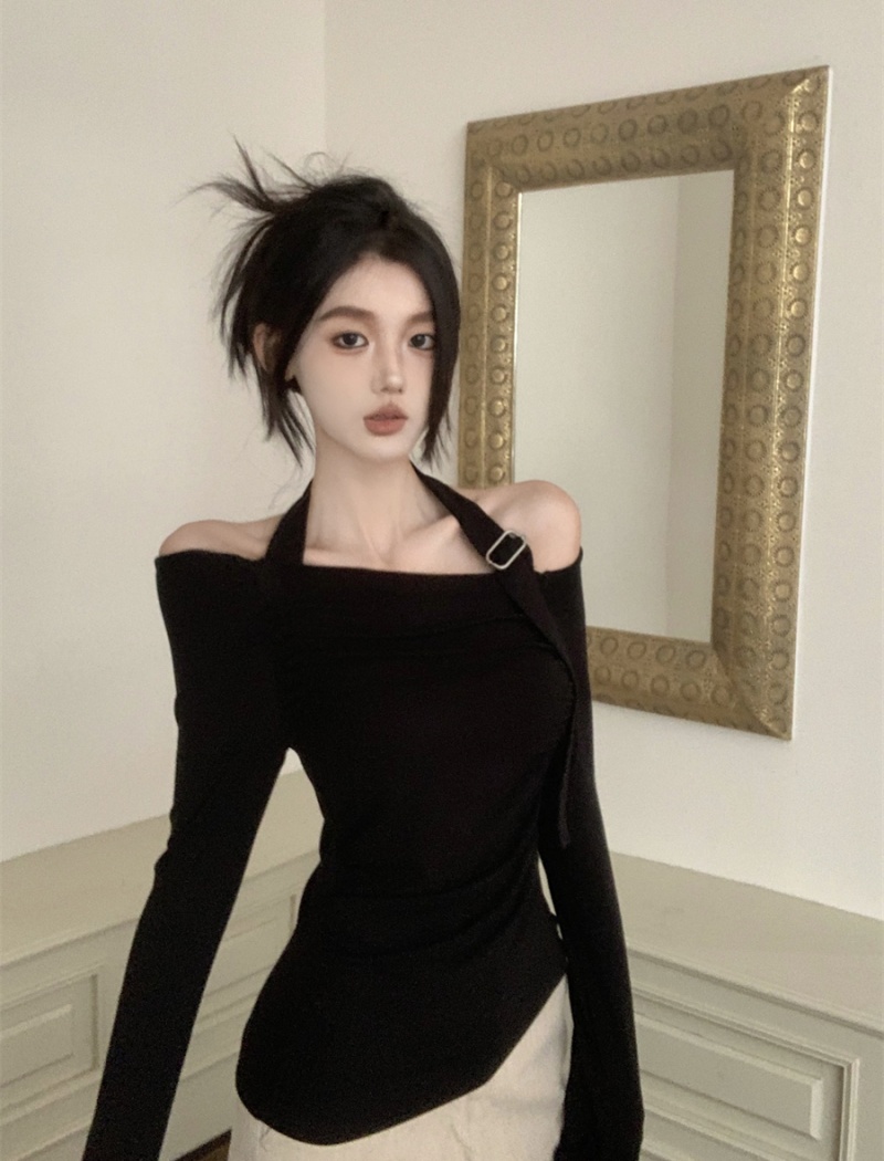 Fold long sleeve T-shirt black halter bottoming shirt