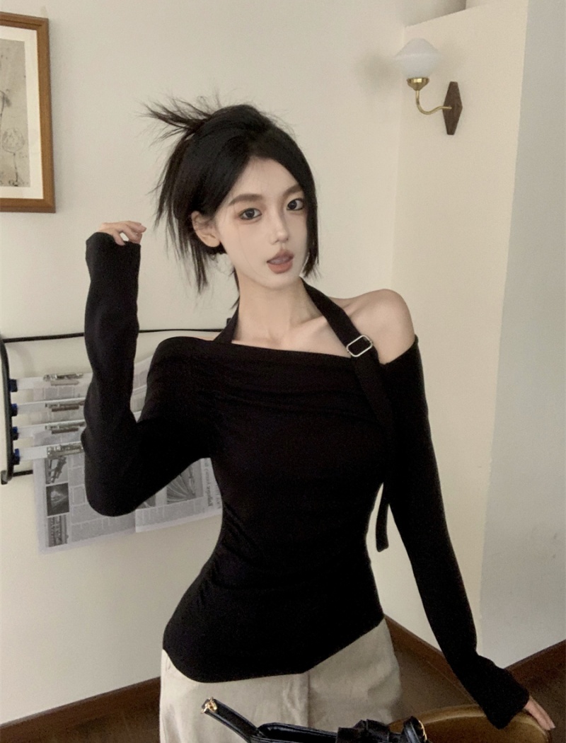 Fold long sleeve T-shirt black halter bottoming shirt