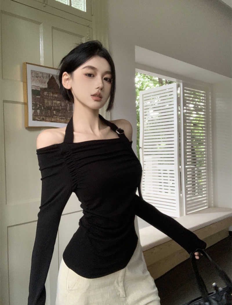 Fold long sleeve T-shirt black halter bottoming shirt