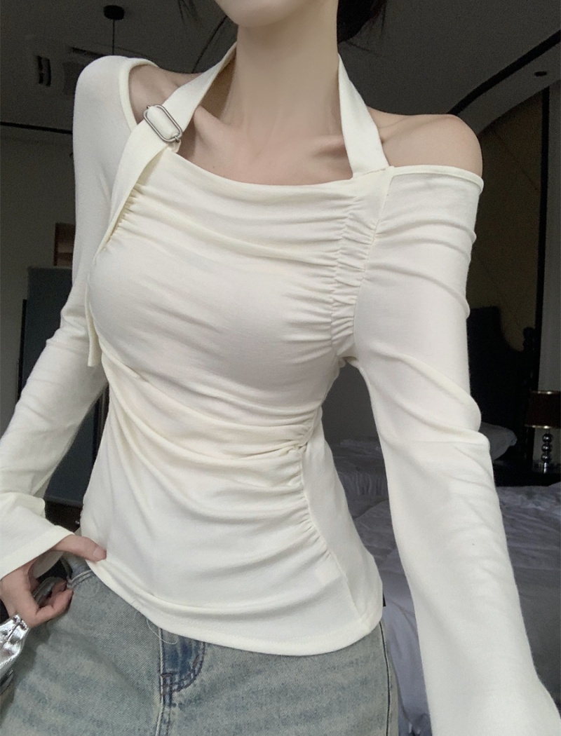 Fold long sleeve T-shirt black halter bottoming shirt