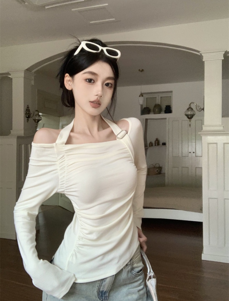 Fold long sleeve T-shirt black halter bottoming shirt