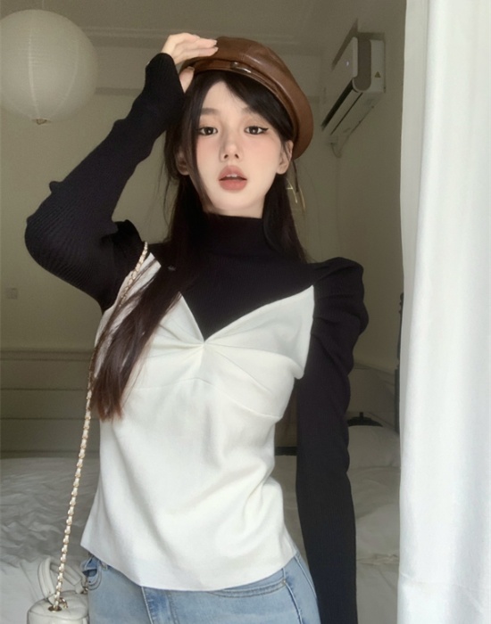 Knitted long sleeve sweater Pseudo-two bottoming shirt