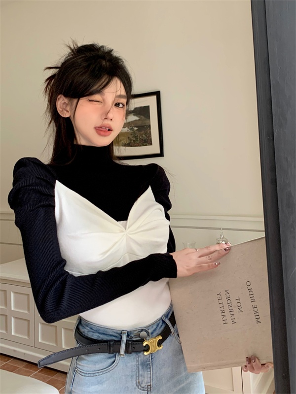 Knitted long sleeve sweater Pseudo-two bottoming shirt