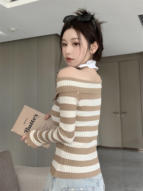 Knitted zip autumn and winter flat shoulder bottoming shirt