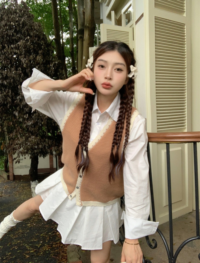 Korean style dress long sleeve waistcoat 2pcs set