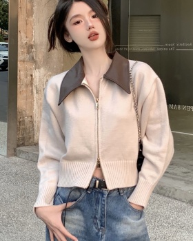 Niche PU short sweater retro knitted double zip cardigan