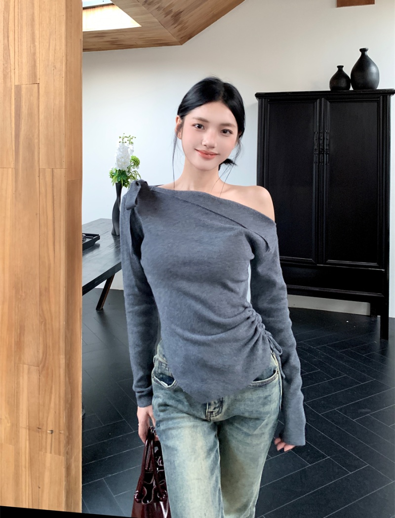 Frenum sloping shoulder tops irregular sweater