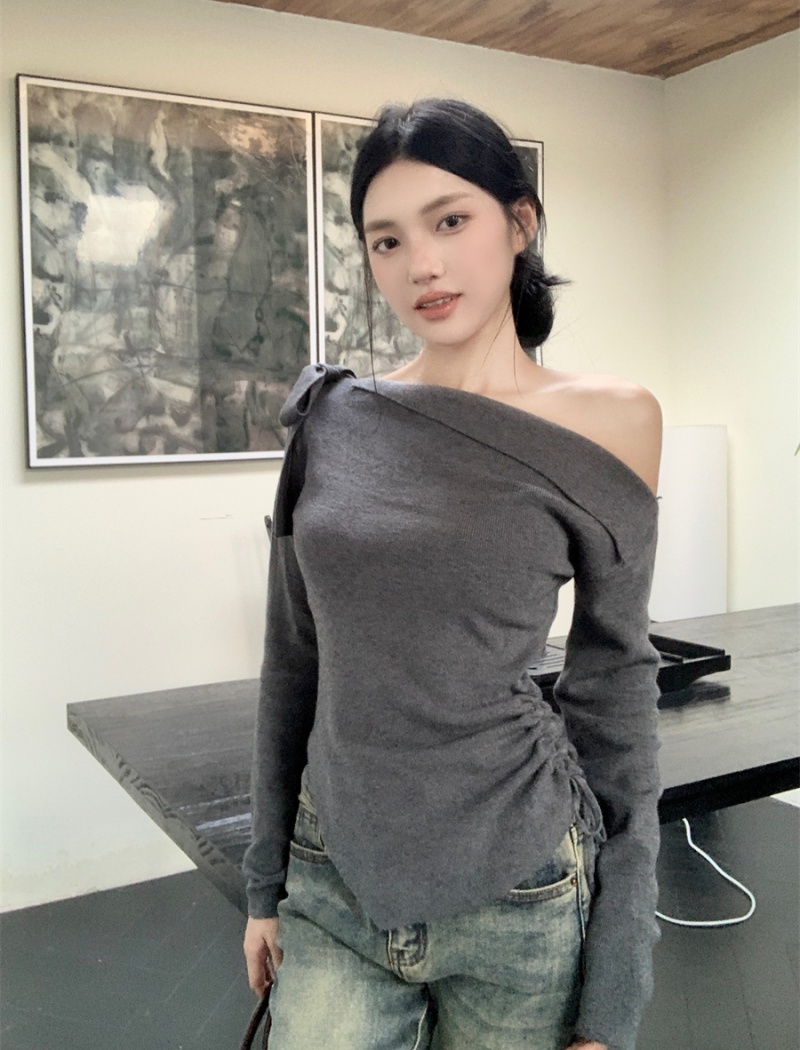 Frenum sloping shoulder tops irregular sweater