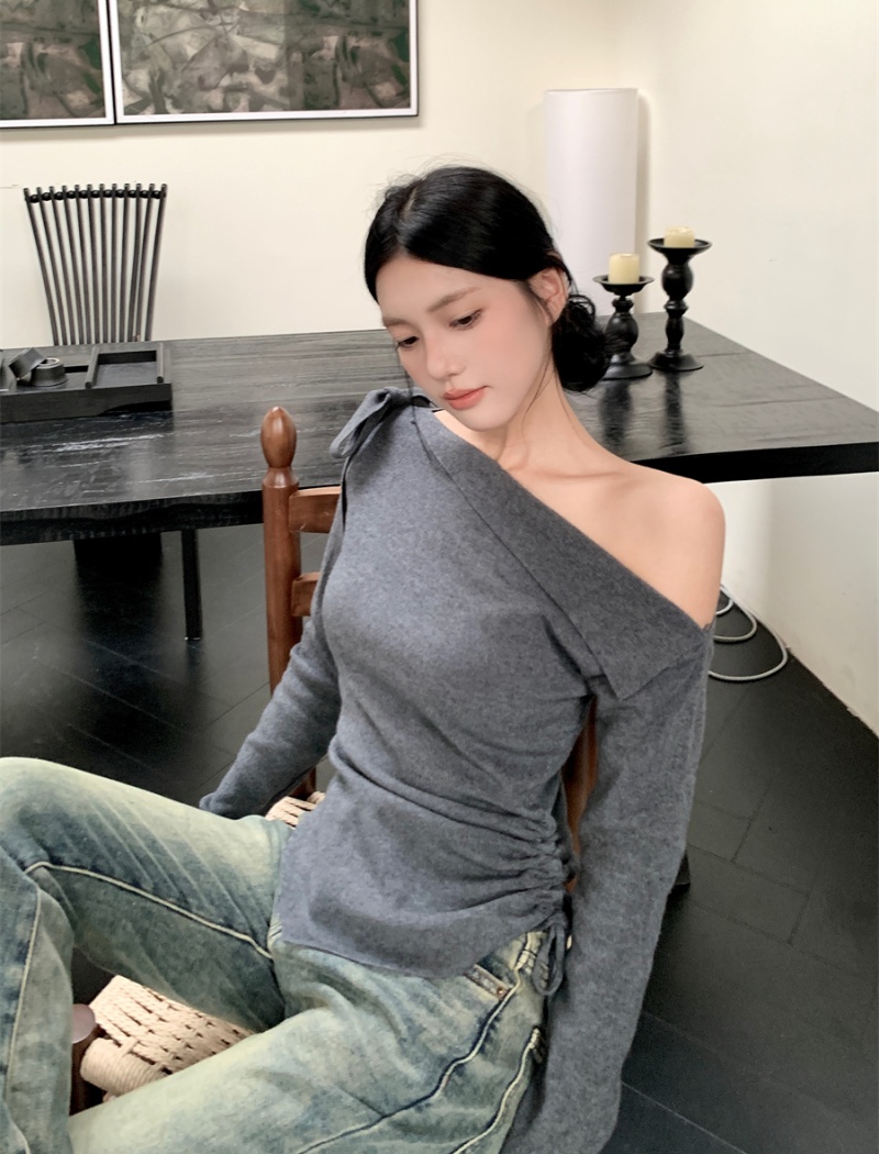 Frenum sloping shoulder tops irregular sweater