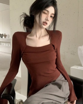 Unique short square collar slim Pseudo-two bottoming T-shirt